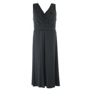 Talbots Sz L Black Belted Faux Wrap Long A Line Rayon Spandex Dress